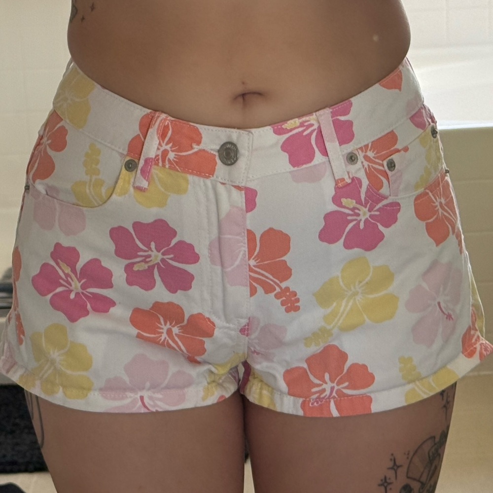 Forever 21 Floral Print Jean Shorts - Pink, Orange, Yellow